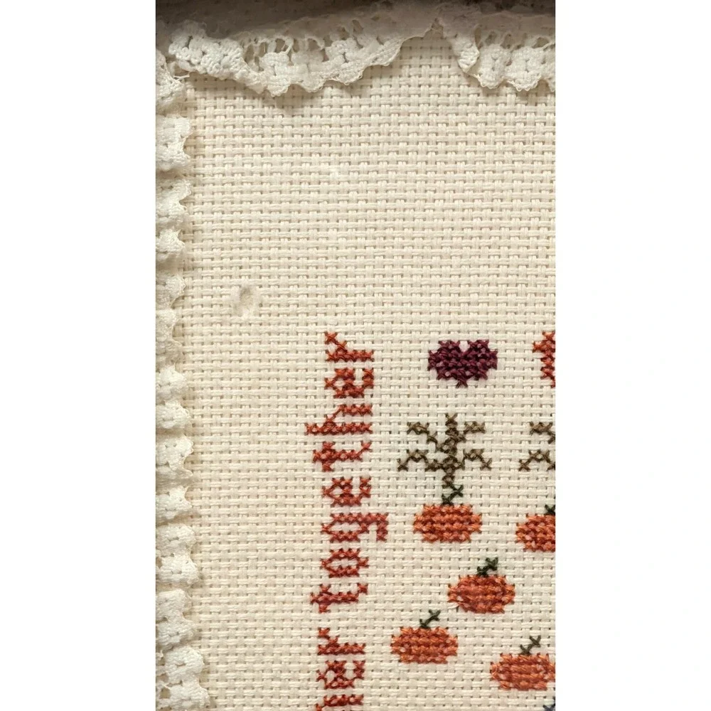 Vintage 1985 Thanksgiving Cross Stitch Sampler Framed Church Folk Art Needlework